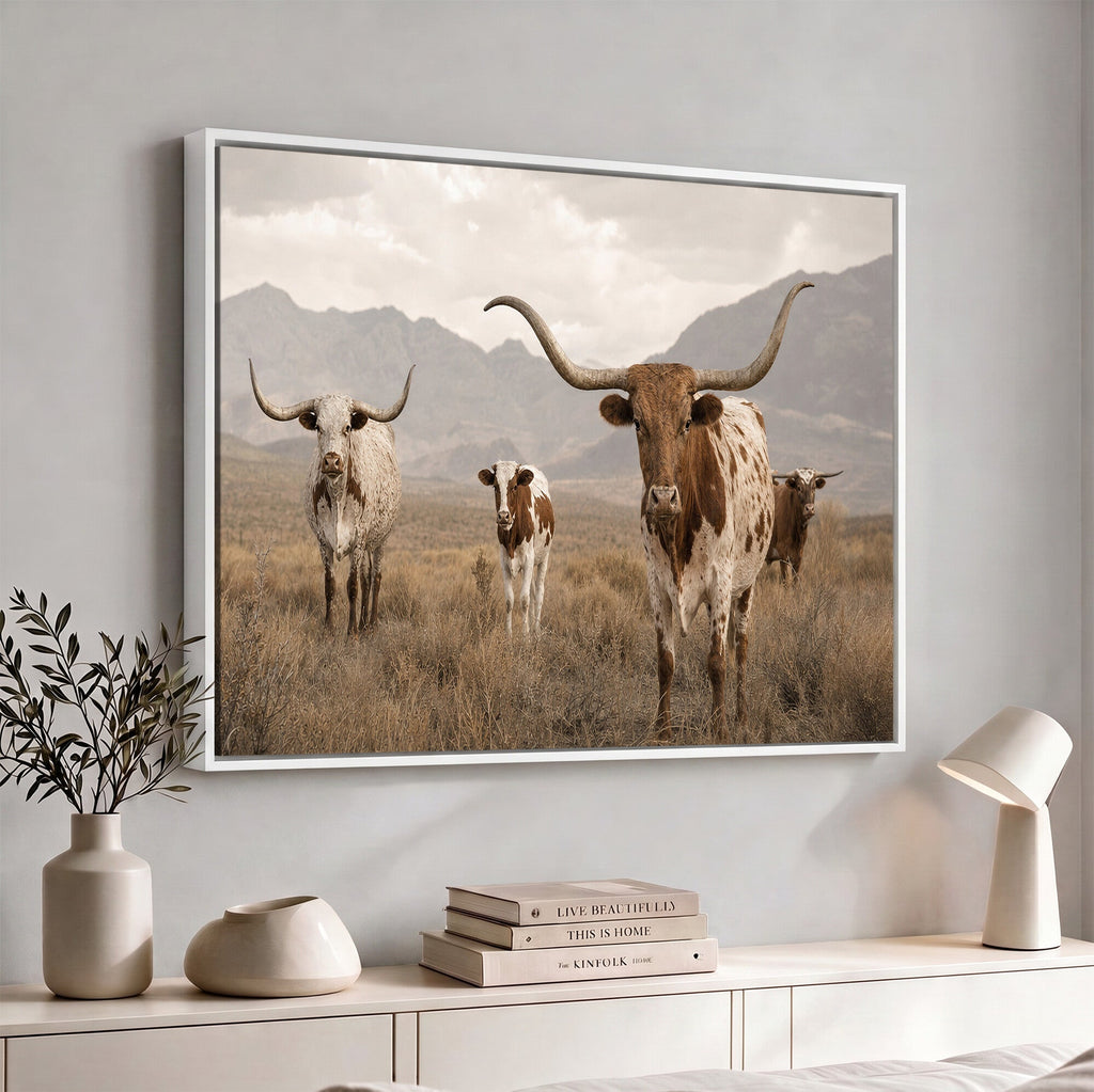 Rustic Texas Longhorn Cow Canvas Wall Art Print, Farm Animal Photography