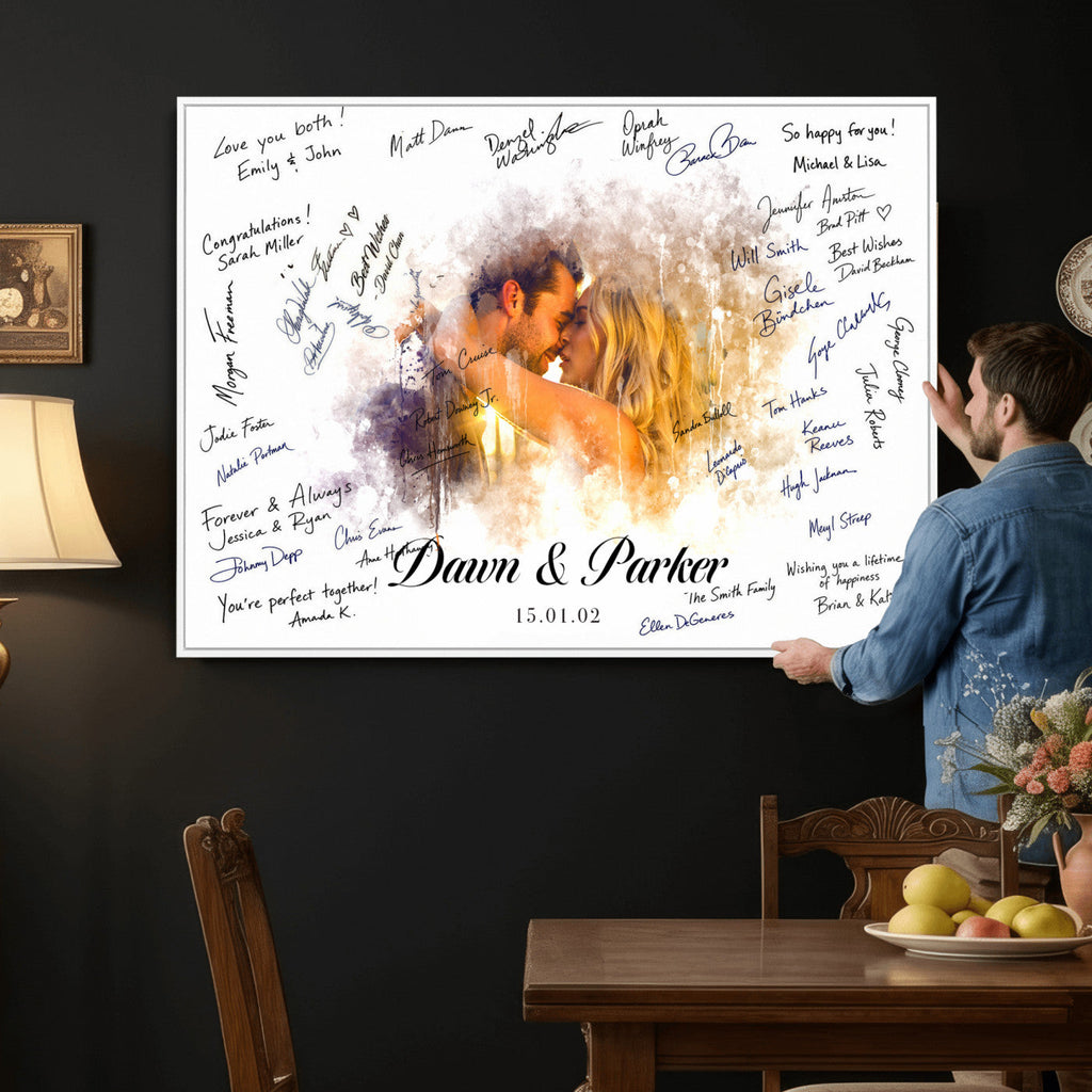 Ink Splash Wedding Guest Book Canvas, Personalized Couple Photo Sign