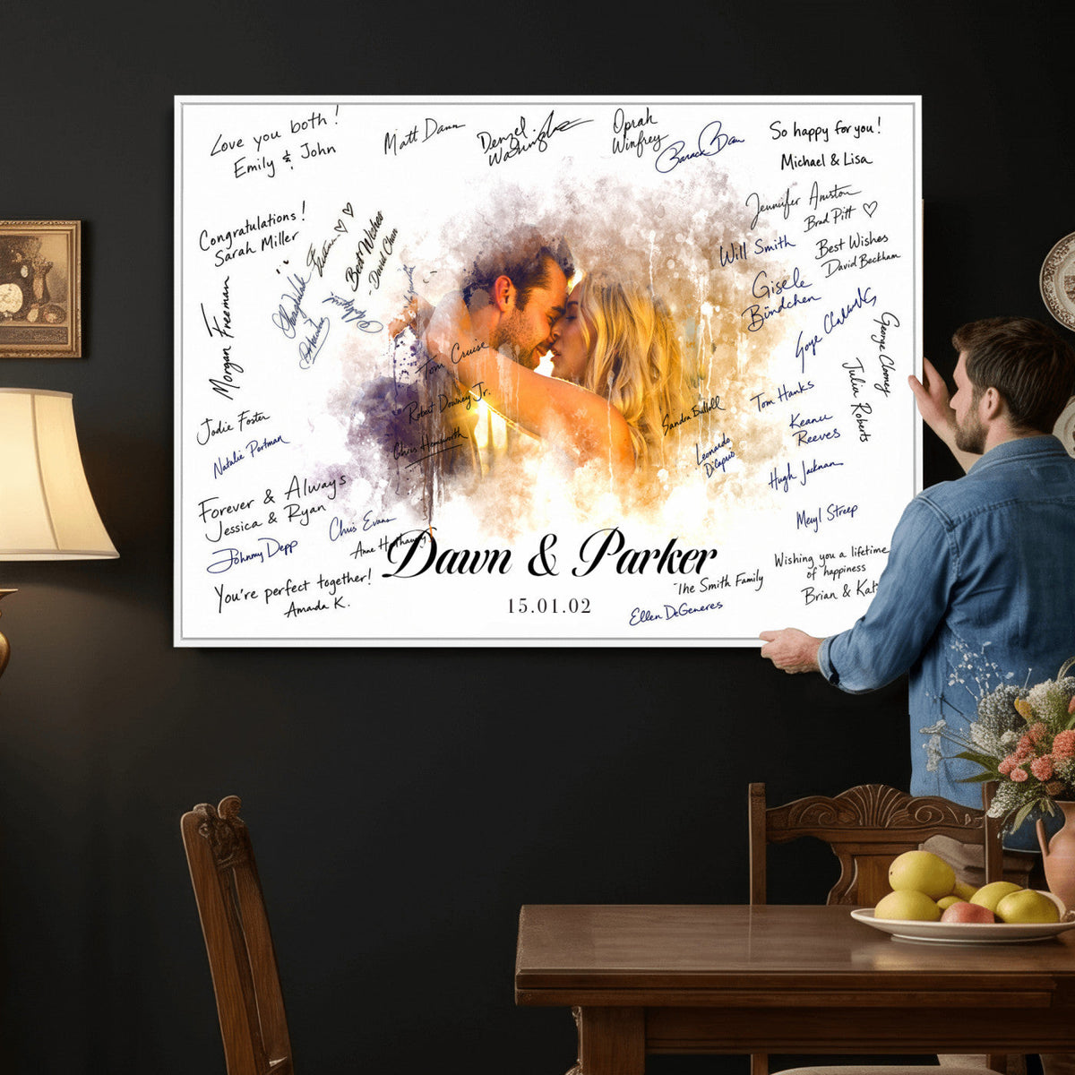 Ink Splash Wedding Guest Book Canvas, Personalized Couple Photo Sign