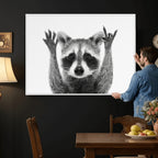 Funny Raccoon Canvas Wall Art, Black White Hands Up Animal Photo Print
