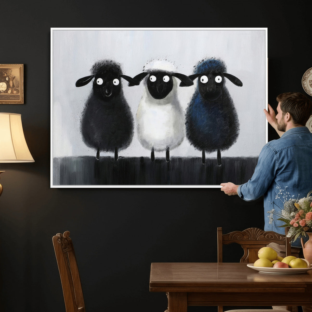 Funny Sheep Canvas Wall Art, Three Quirky Sheep Painting Print, Cute Nursery Decor