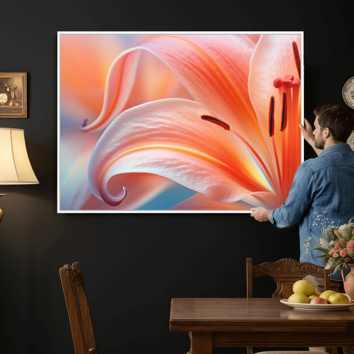 Peach Lily Canvas Wall Art, Coral Pink Flower Macro Photo Print, Botanical Decor