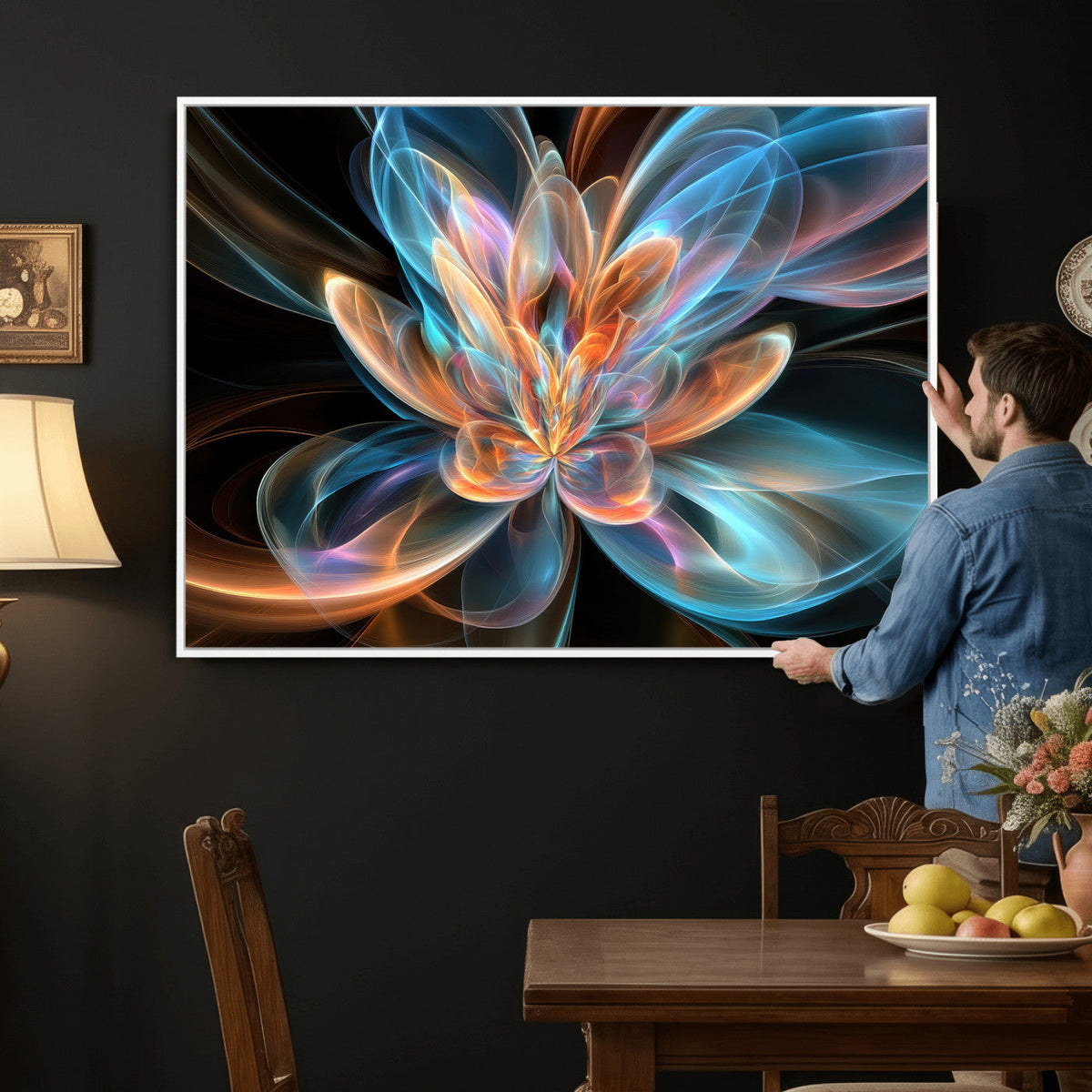 Fractal Lotus Canvas Wall Art, Blue Orange Glowing Flower Abstract Print