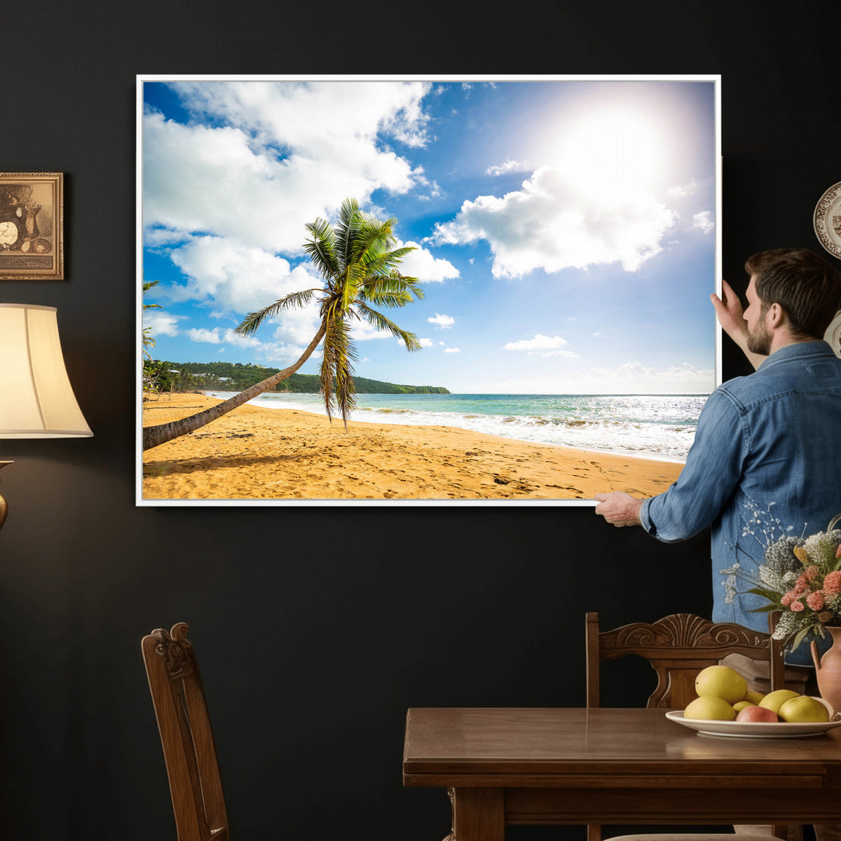 Tropical Beach Canvas Wall Art, Palm Tree Ocean Photo Print, Coastal Living Room Decor