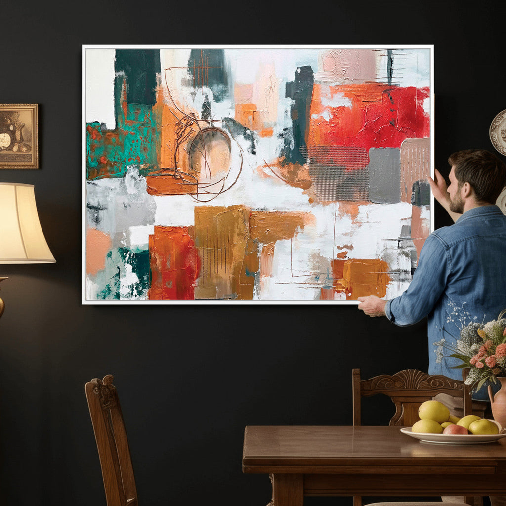 Blue Teal Abstract Canvas Wall Art, Modern Brushstroke Style Print, Navy Orange Contemporary Decor