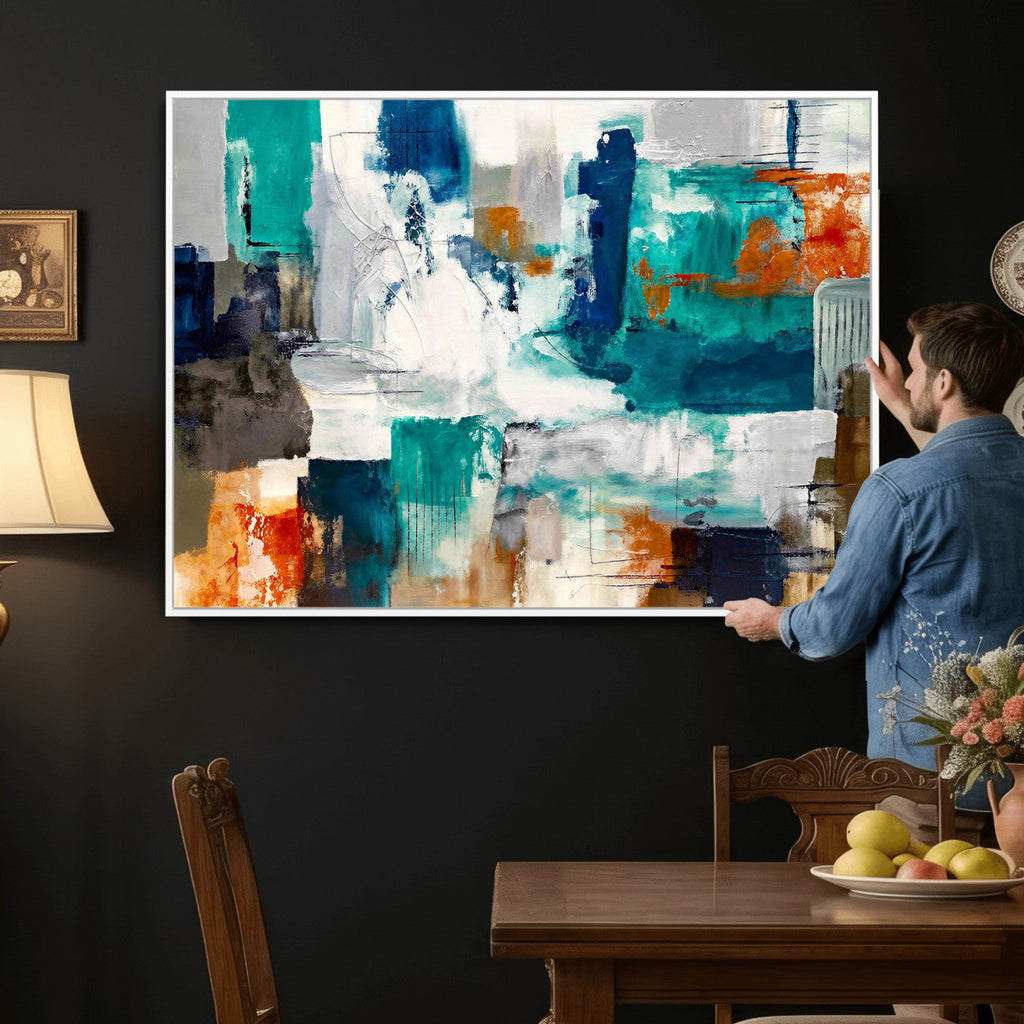 Blue Teal Abstract Canvas Wall Art, Modern Brushstroke Style Print, Navy Orange Contemporary Decor