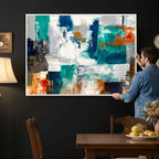 Blue Teal Abstract Canvas Wall Art, Modern Brushstroke Style Print, Navy Orange Contemporary Decor