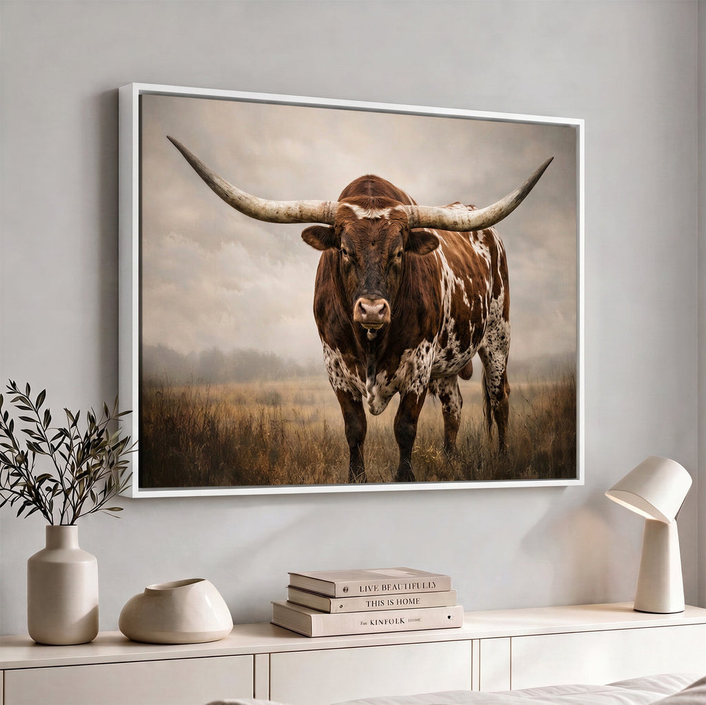 Texas Longhorn Wall Art Canvas Print | Brown Horned Bull Rustic Western Decor
