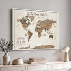 Personalized Beige Geometric Family Push Pin World Map Canvas Print, Honeymoon and Anniversary Gift, Living Room and Study Decor