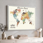 Personalized Framed Beige Modern Push Pin Travel Map Canvas Print, Family Travel Tracker, Bedroom and Home Office Decor