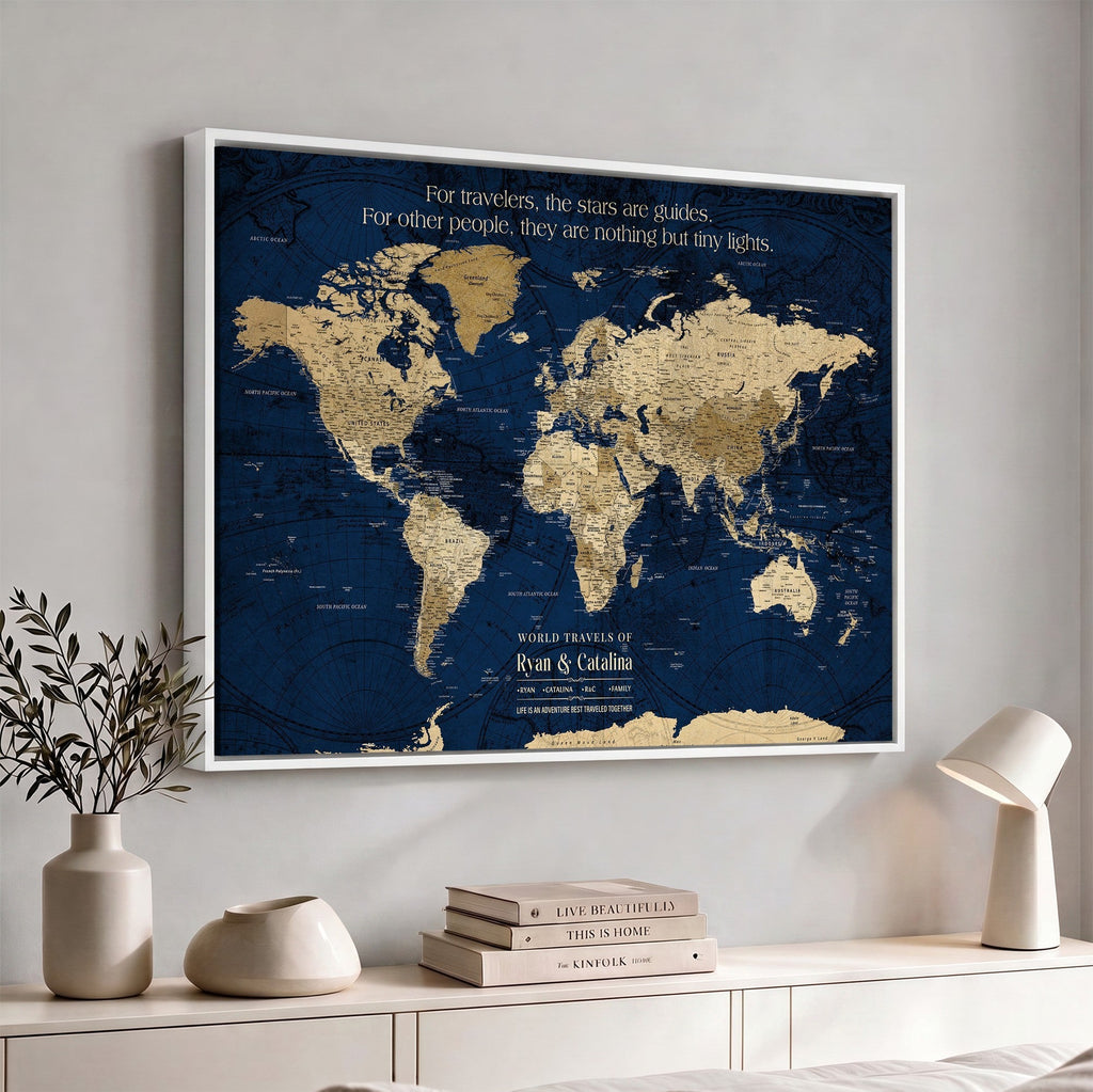 Custom Navy Push Pin World Map Canvas Print, Next Trip Planner Map, Bedroom and Entryway Decor