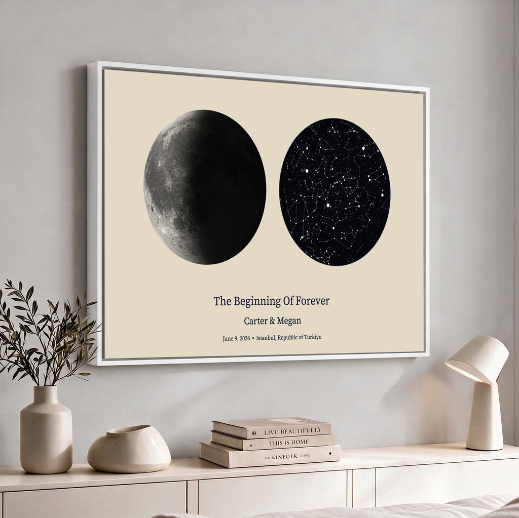 Moon and Stars Canvas Print, Personalized Moon Phase and Star Map Art