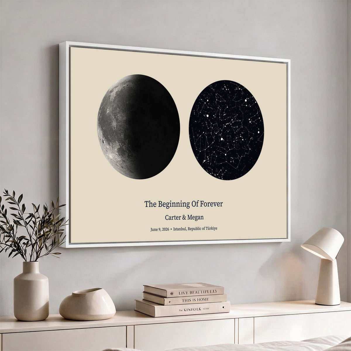 Moon and Stars Canvas Print, Personalized Moon Phase and Star Map Art