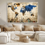 World Map Canvas Print | Vintage Blue and Gold World Map Wall Art