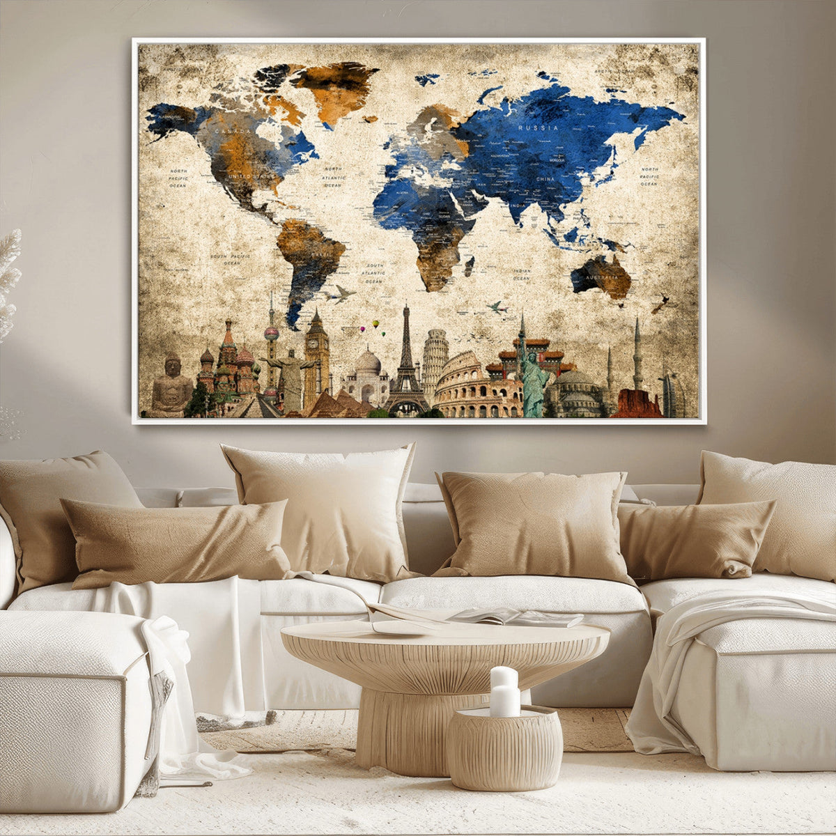 World Map Canvas Print | Vintage Blue and Gold World Map Wall Art