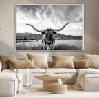Longhorn Black and White Wall Art | Rustic Western Bull Canvas Print