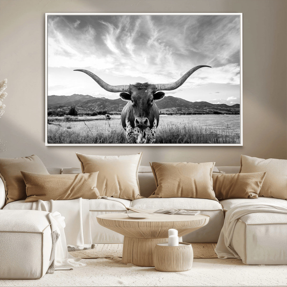 Longhorn Black and White Wall Art | Rustic Western Bull Canvas Print