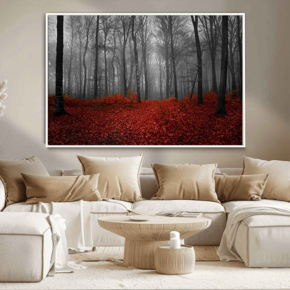 Red Forest Floor Canvas Wall Art | Mystical Foggy Woodland Triptych