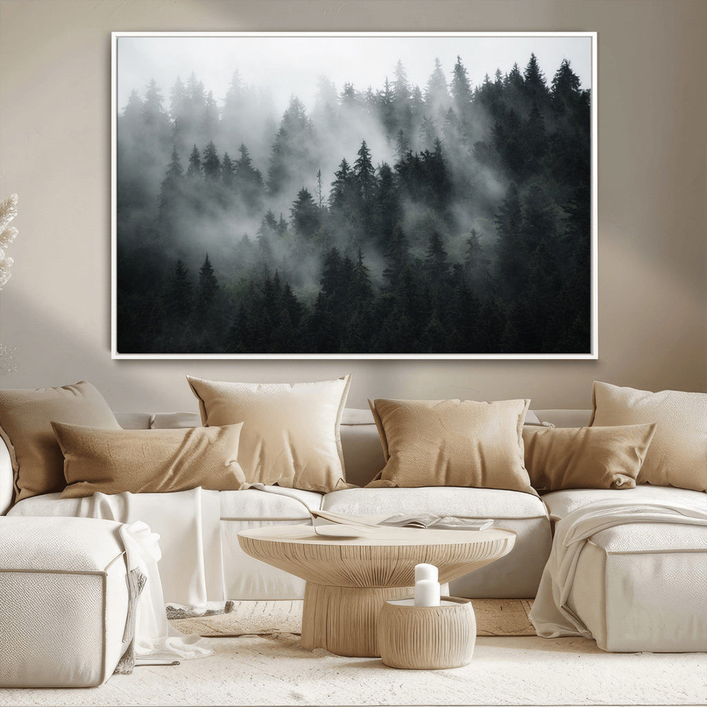 Foggy Forest Wall Art Canvas Print | 3 Panel Large Misty Landscape