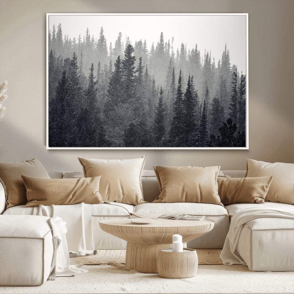 Misty Forest Canvas Wall Art | Monochrome Triptych Pine Tree Print