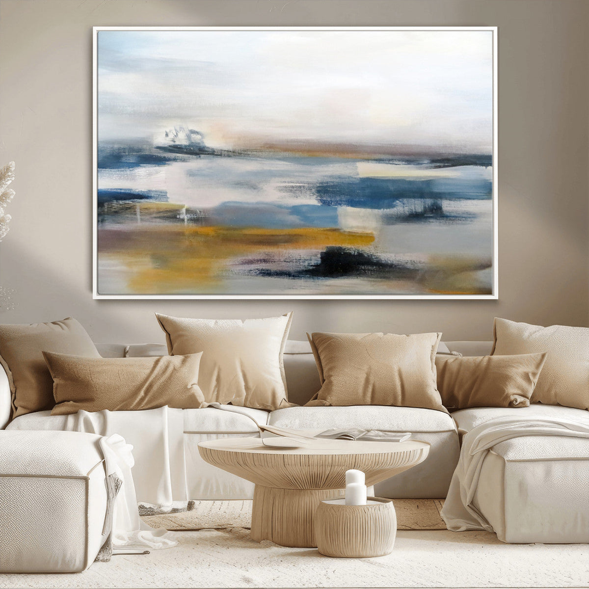 Abstract Landscape Wall Art Canvas | 3 Panel Modern Blue, Gold and White Canvas Art
