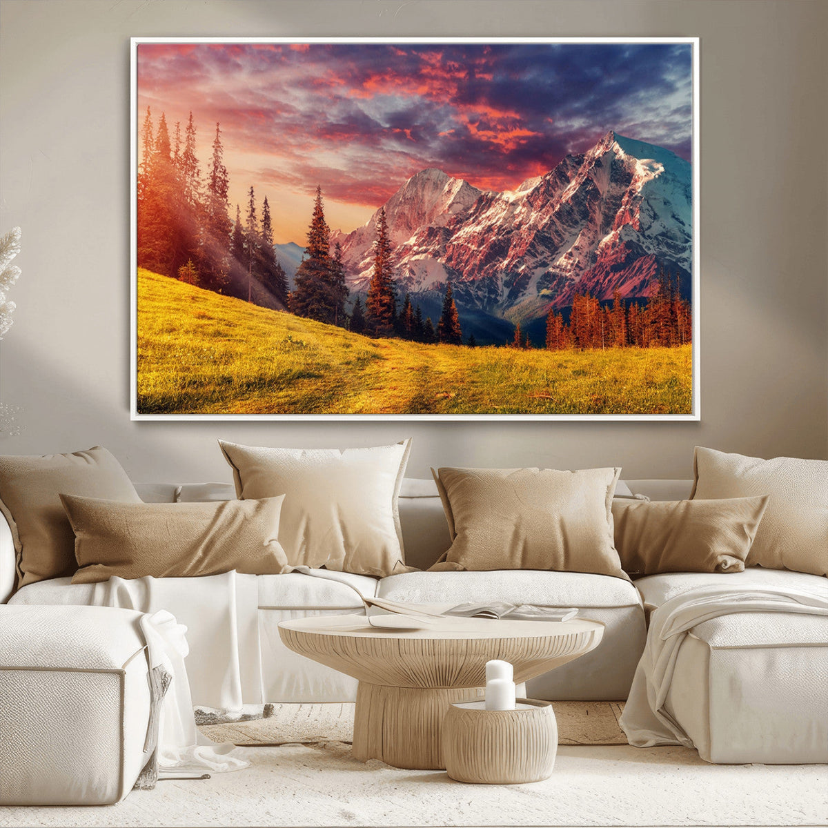 Mountain and Daylight Red Sunset Wall Art Canvas Print
