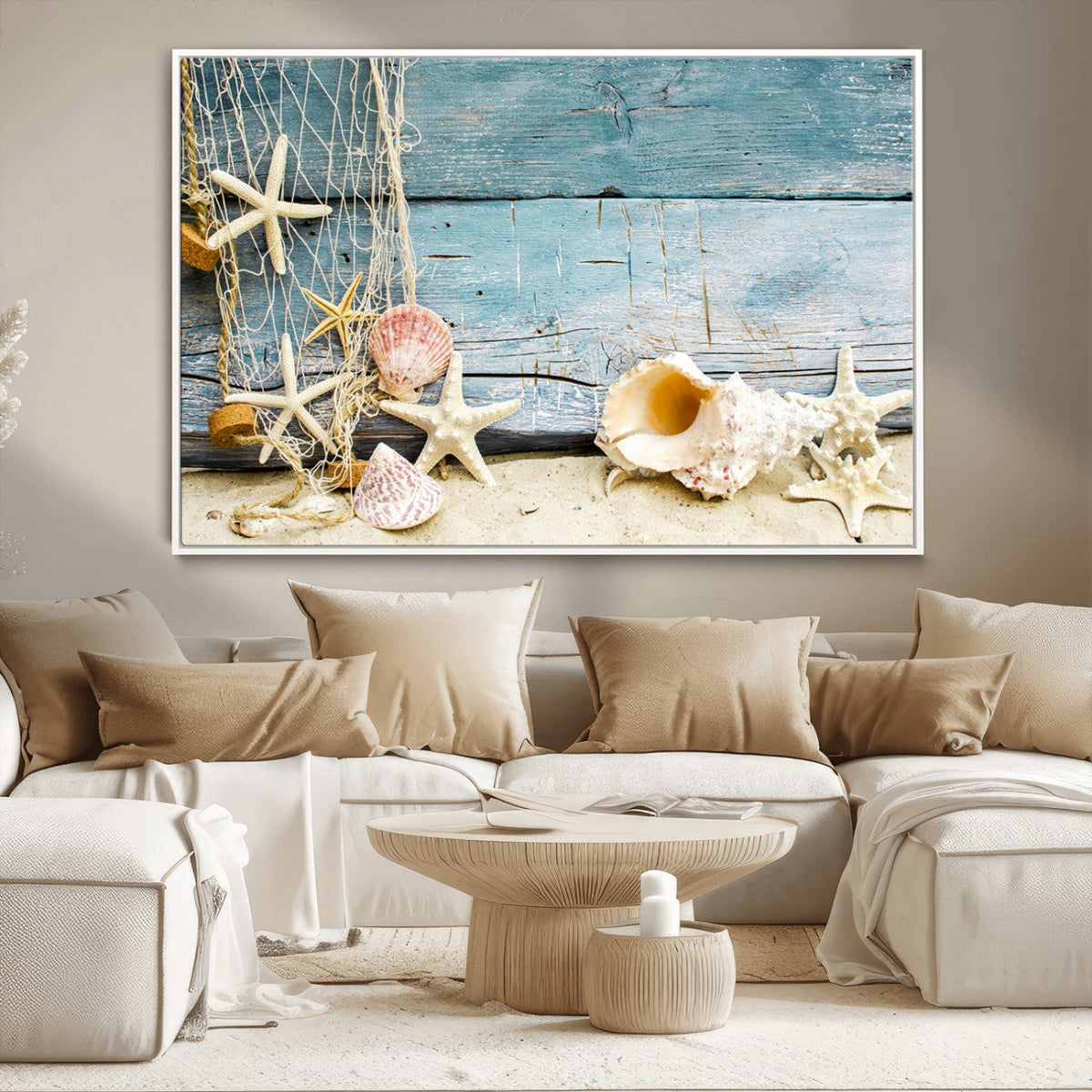 Seashells on Rustic Wooden Background, Seashells Wall Art