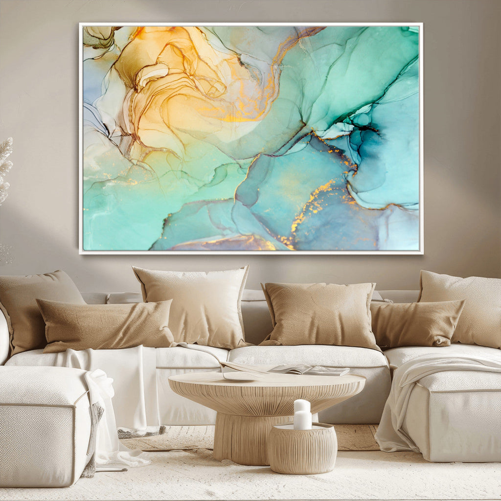 Abstract Aqua and Gold Fluid Wall Art Canvas | 3 Panel Large Canvas Print