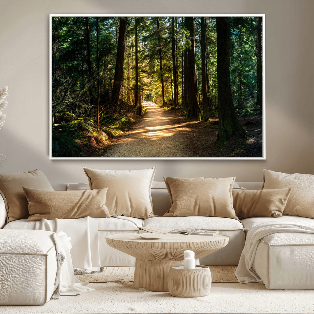 Sunlit Forest Pathway Canvas Print | 3 Panel Large Nature Wall Art
