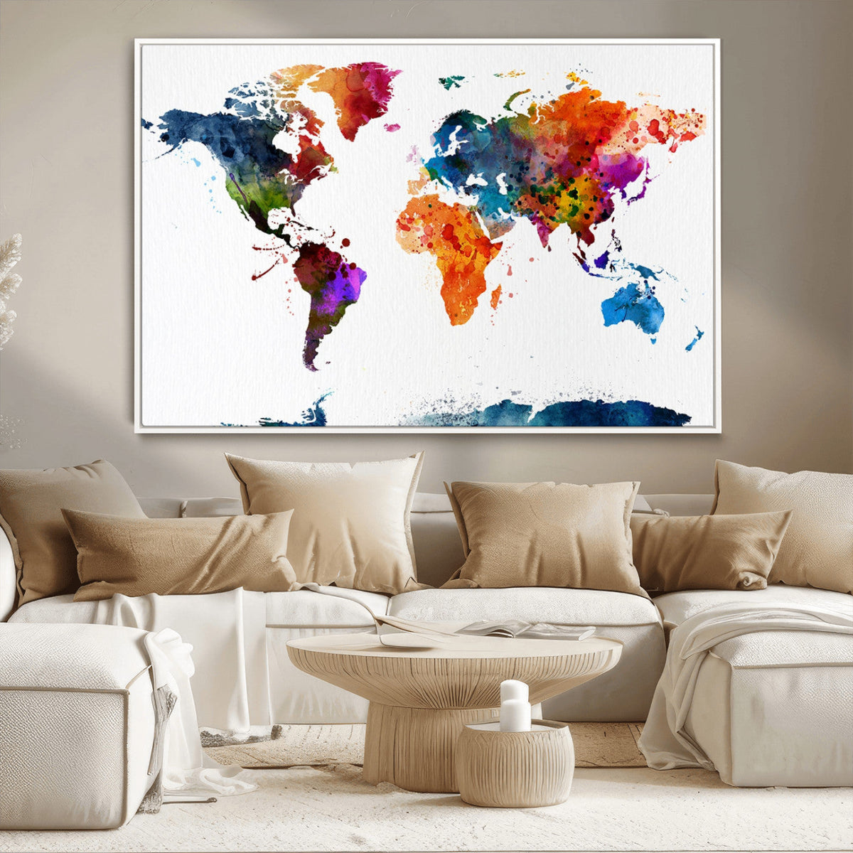 Bold Colorful World Map Canvas Print | Detailed Map of the World Wall Art