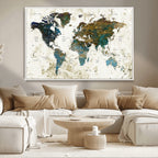 Vintage World Map Wall Art Canvas Print, Framed Rustic Earth Tone Map
