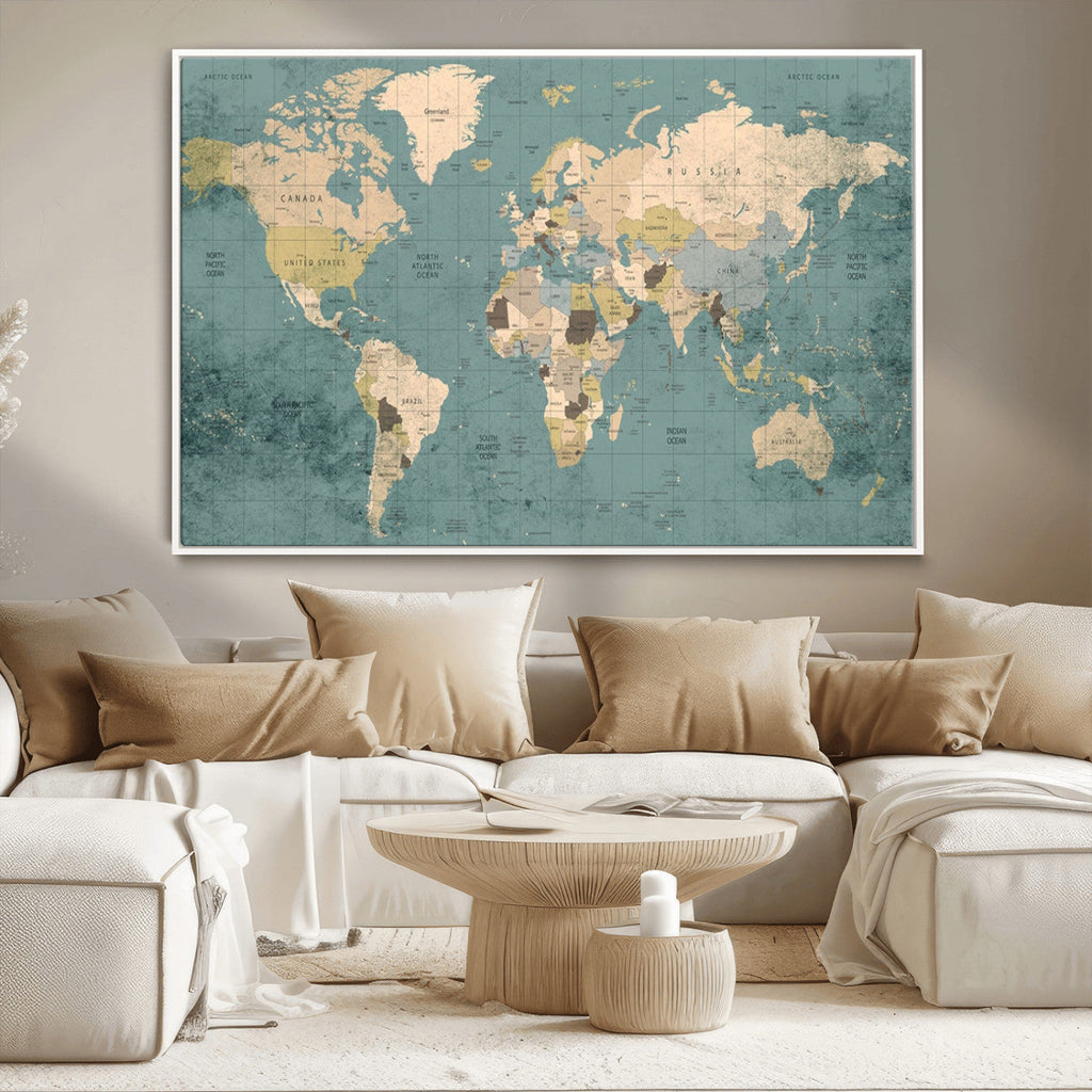 Classic World Map Canvas Print | Framed Vintage Map Wall Art