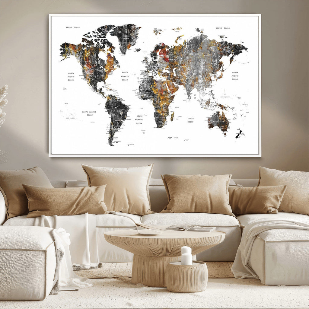Modern Metallic World Map Canvas Wall Art | Framed Contemporary World Map Print