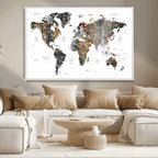 Modern Metallic World Map Canvas Wall Art | Framed Contemporary World Map Print