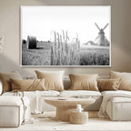 Vintage Farmhouse Black and White Triptych Wall Art, Giclee Canvas with Wheat Fields, Hay Bales and Windmill