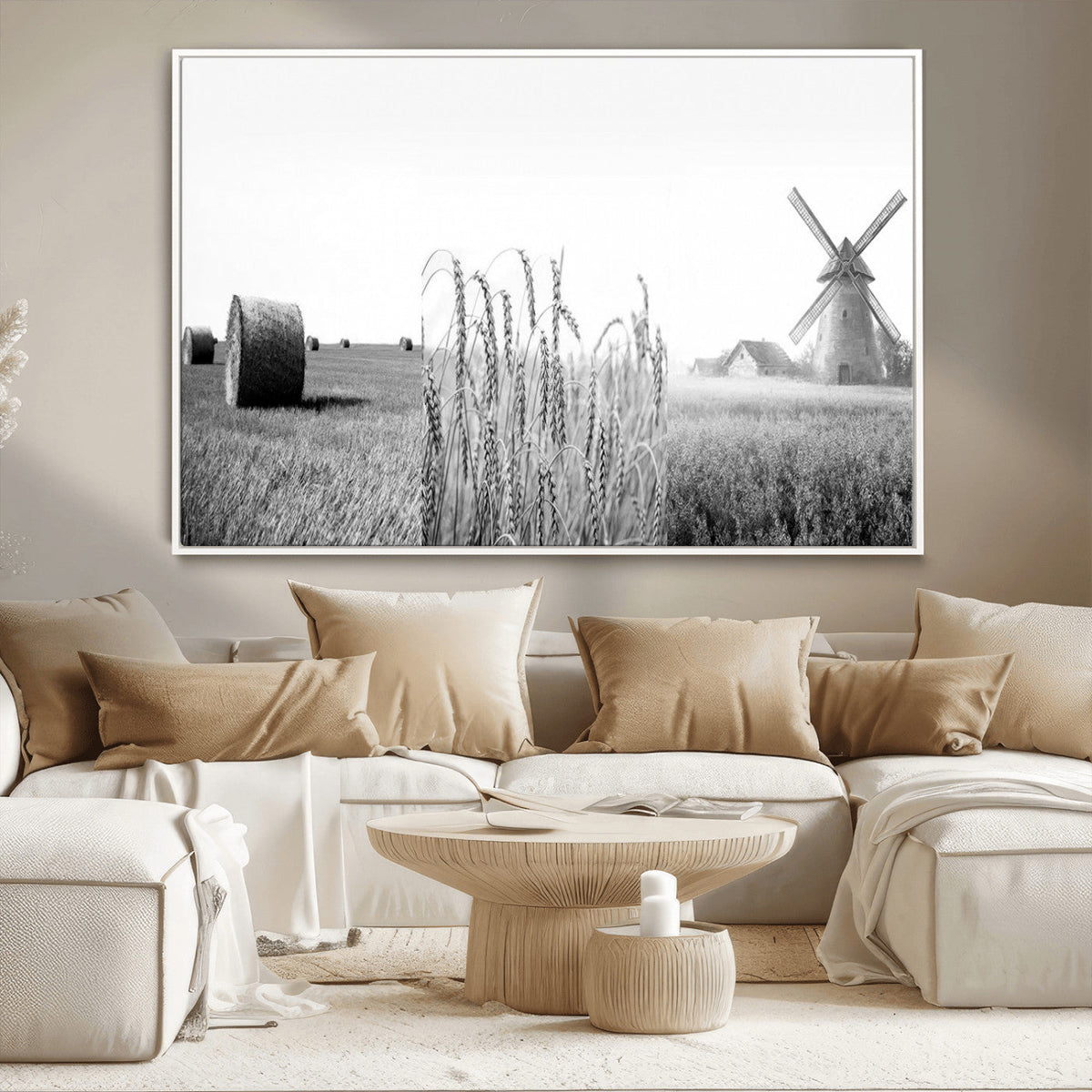 Vintage Farmhouse Black and White Triptych Wall Art, Giclee Canvas with Wheat Fields, Hay Bales and Windmill