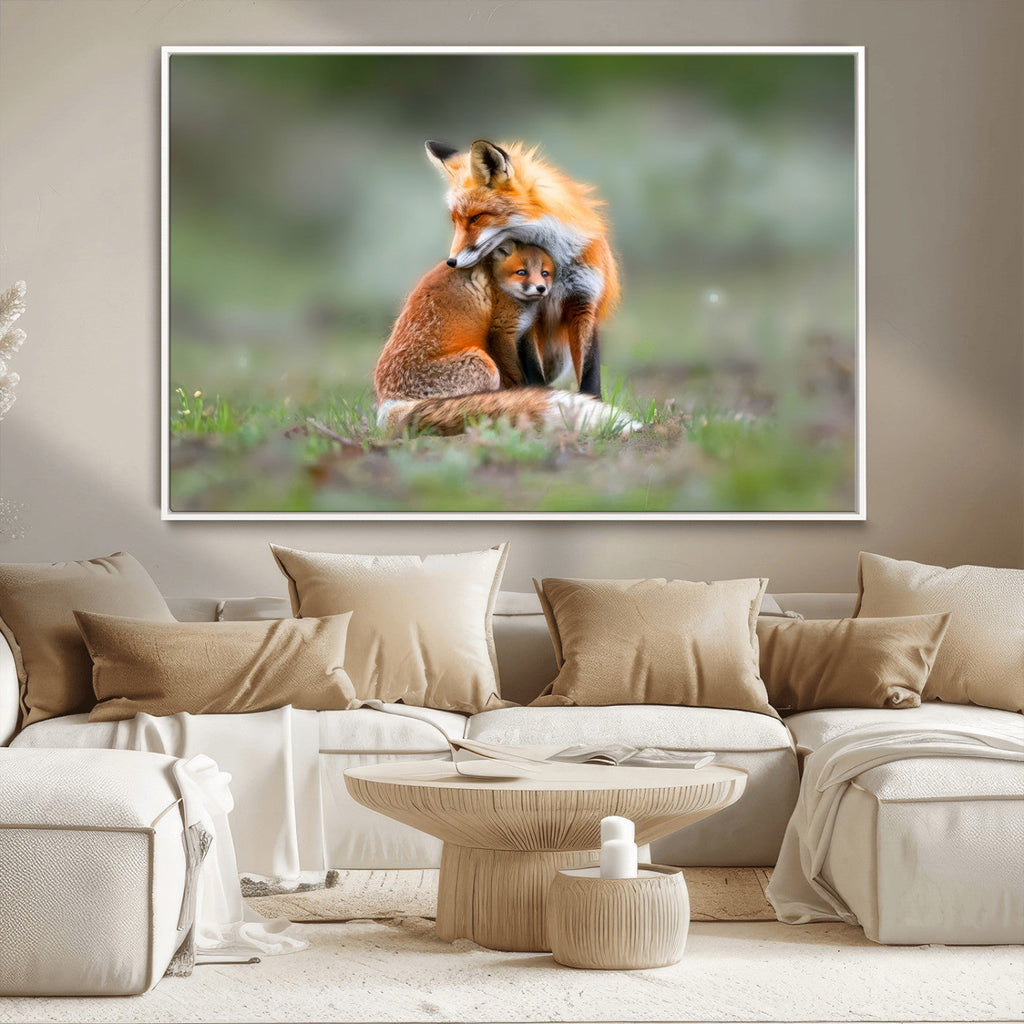 Heartwarming Fox and Baby Cub Wall Art | Canvas Print of Foxes in Nature