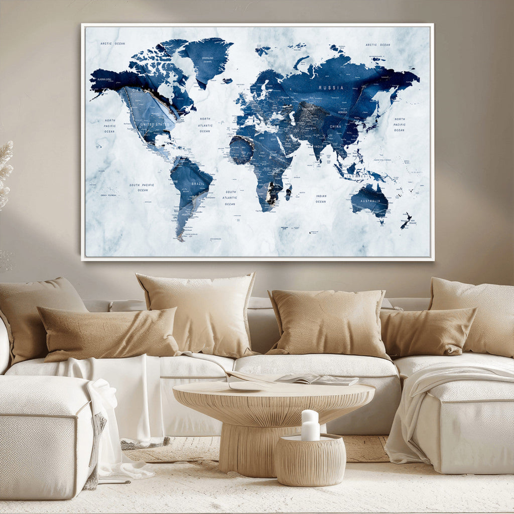 Modern Blue World Map Canvas Print | Elegant Travel Map Wall Art for Home Office