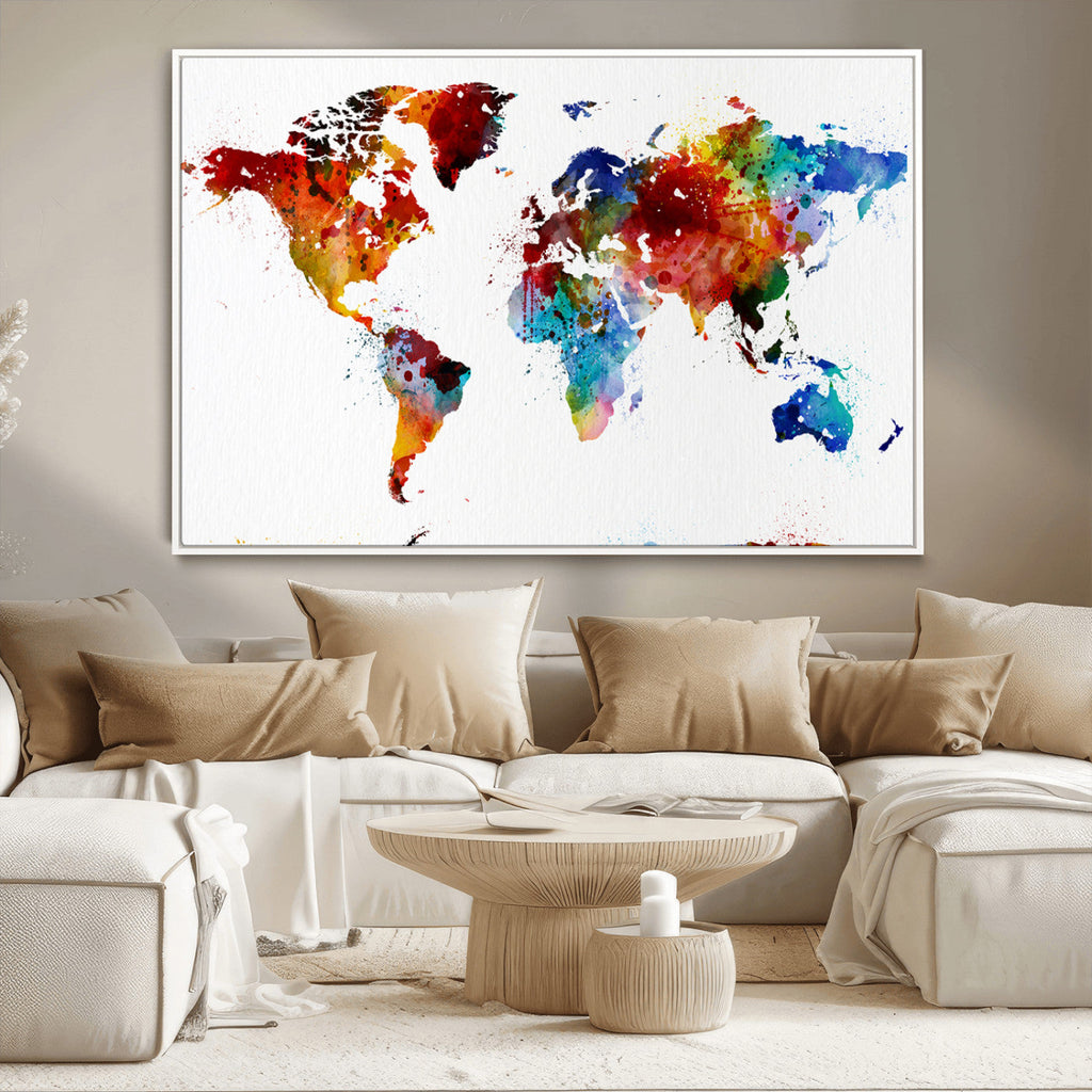 Colorful World Map Canvas Wall Art Print, Contemporary Global Map Artwork