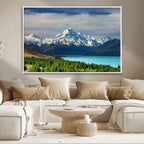 Mount Cook and Lake Pukaki Canvas Wall Art Print | Majestic Snow Capped Peaks