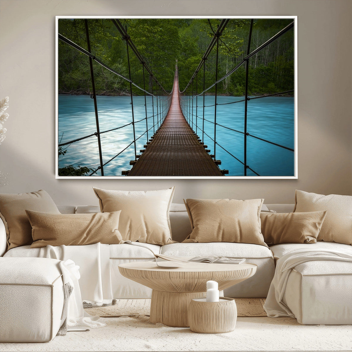 Suspension Bridge Over River Canvas Art | 3-Panel Nature Wall Art