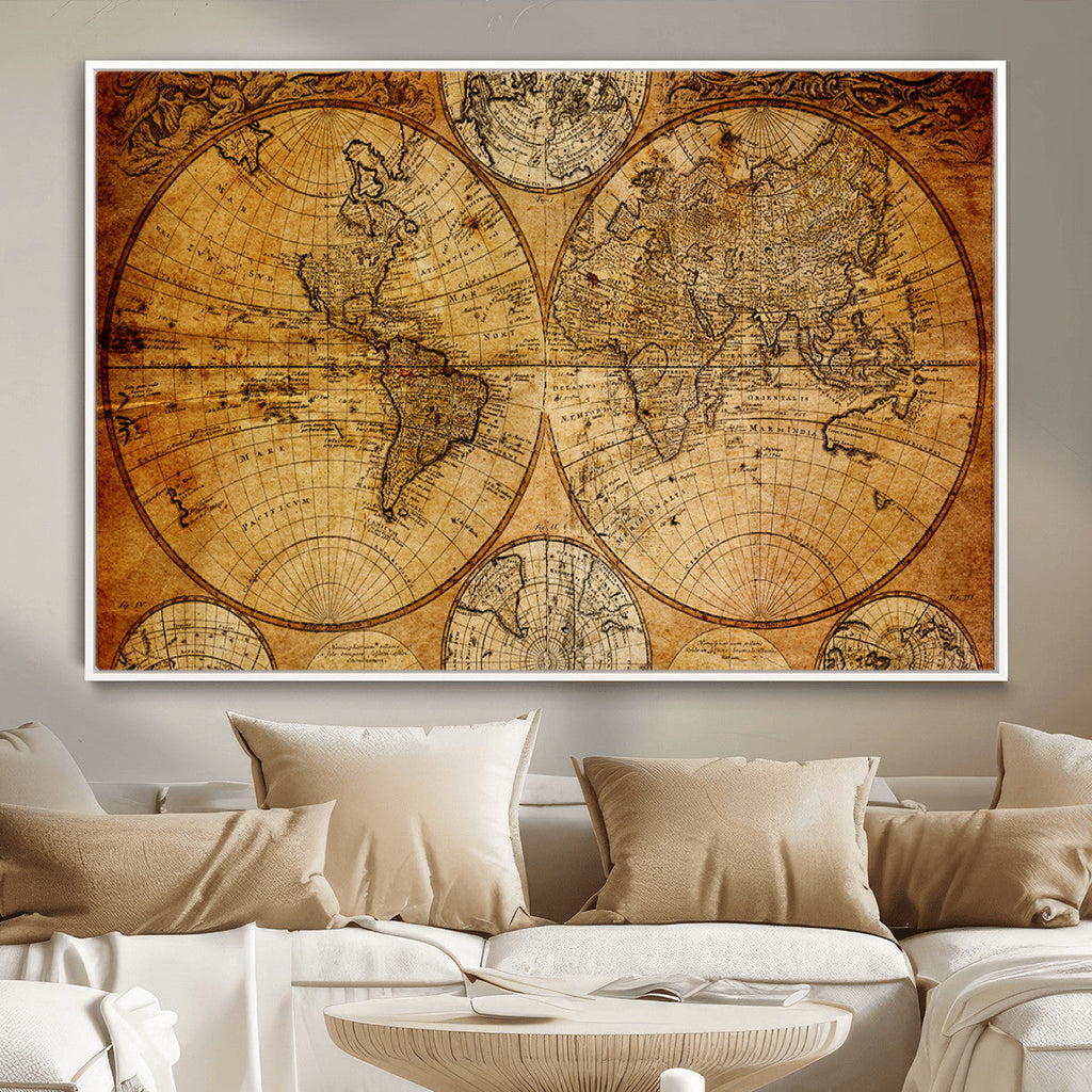 Vintage World Map Canvas Print | Antique Push Pin Travel Map