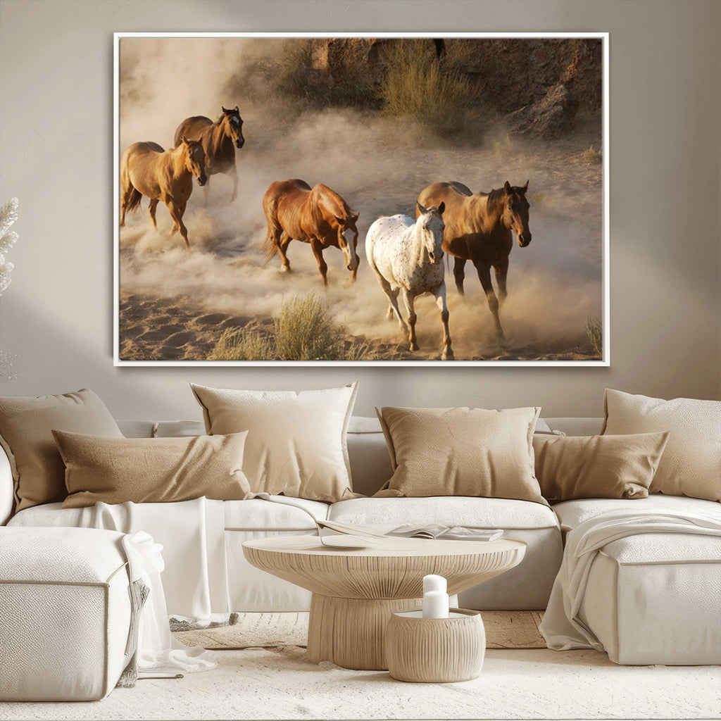 Large Wall Art 5 Horses Running on Sand Canvas Print