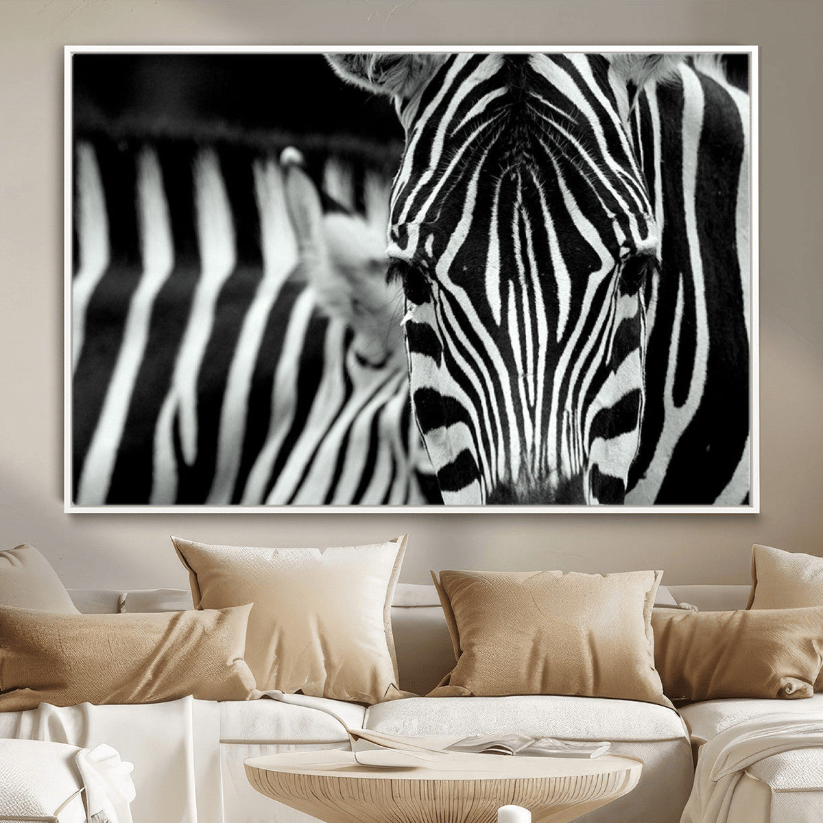 Zebra Wall Art | Zebra Close Up Canvas Print | Framed Black and White Wildlife