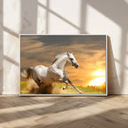 Large Wall Art Galloping White Horse at Sunset Canvas Print