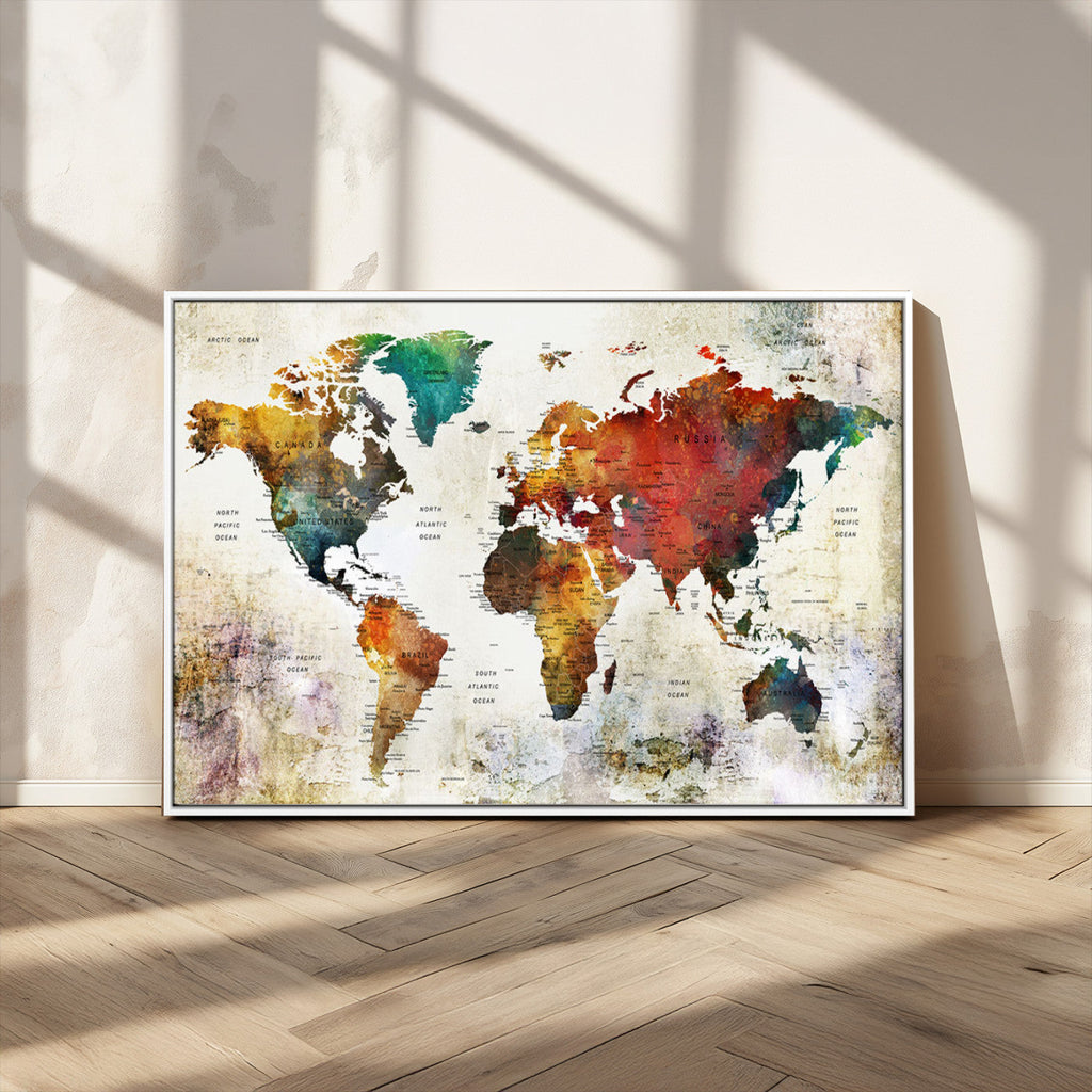 Watercolor World Map Canvas Print | Framed Travel Map Wall Art for Couples