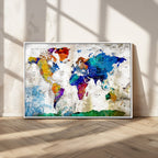 Navy Blue and Orange Watercolor World Map Canvas Print | Framed Travel Map