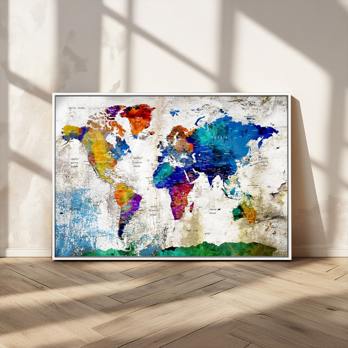 Navy Blue and Orange Watercolor World Map Canvas Print | Framed Travel Map
