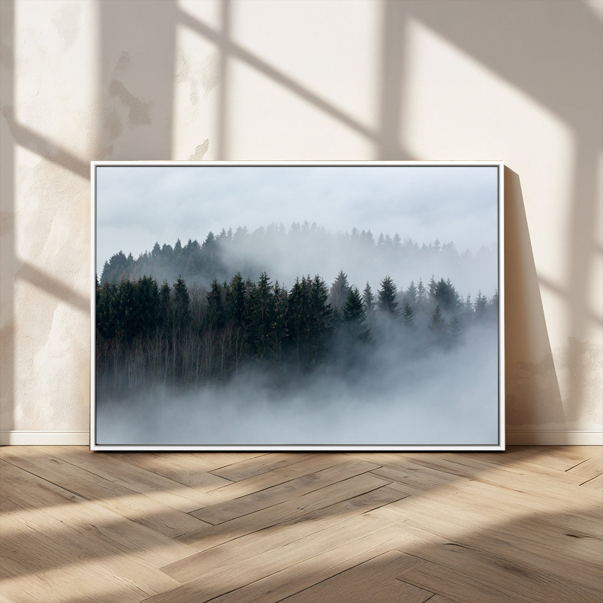 Autumn and Misty Trees in the Forest Wall Art Canvas Print, Foggy Forest Mountain Wall Art