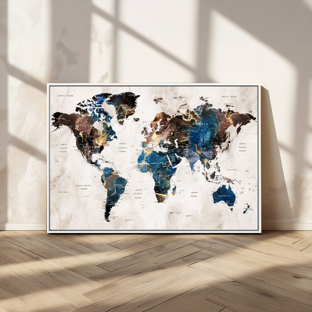 Abstract Earth Tone Blue World Map Canvas Print | Framed Travel Map Wall Art